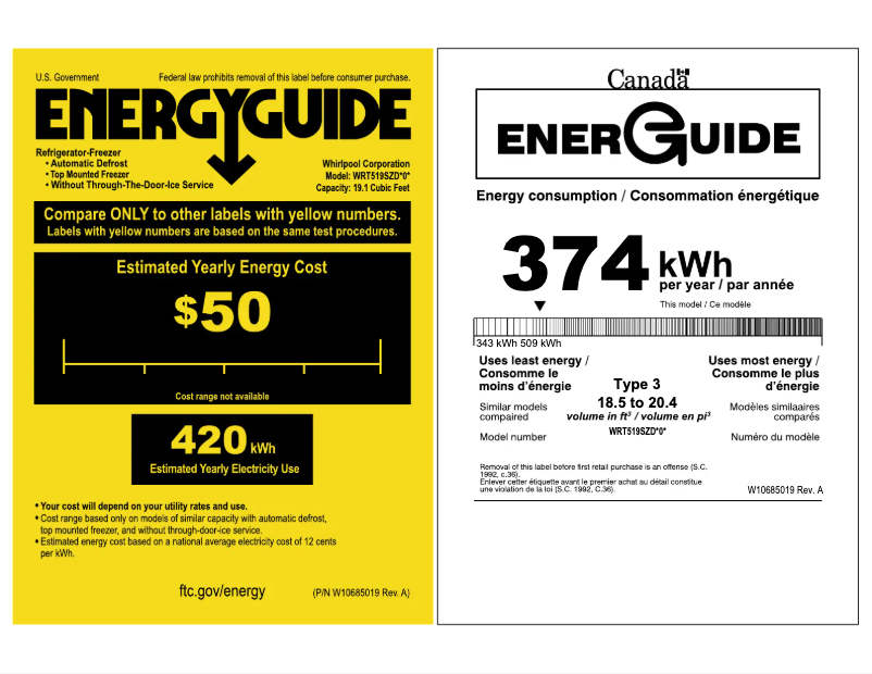 Page 1 de la notice Label énergétique Whirlpool WRT519SZD