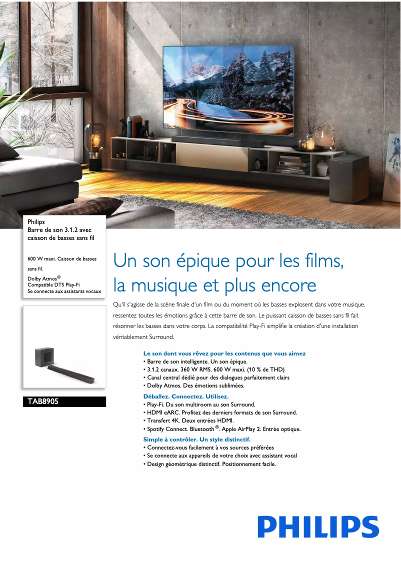 Page 1 de la notice Fiche technique Philips TAB8905