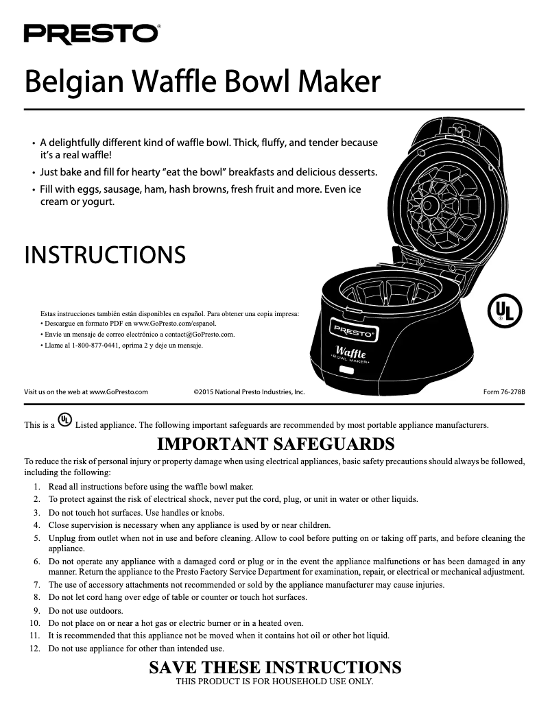 Image de la première page du manuel de l'appareil Belgian Waffle Bowl Maker 03500