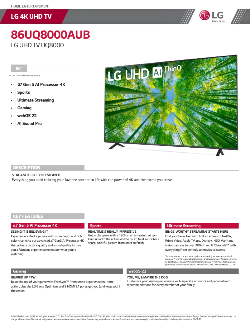 Page 1 de la notice Fiche technique LG 86UQ8000AUB