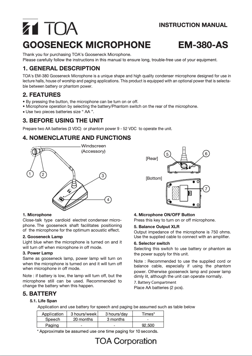 Page 1 de la notice Manuel utilisateur TOA EM-380M