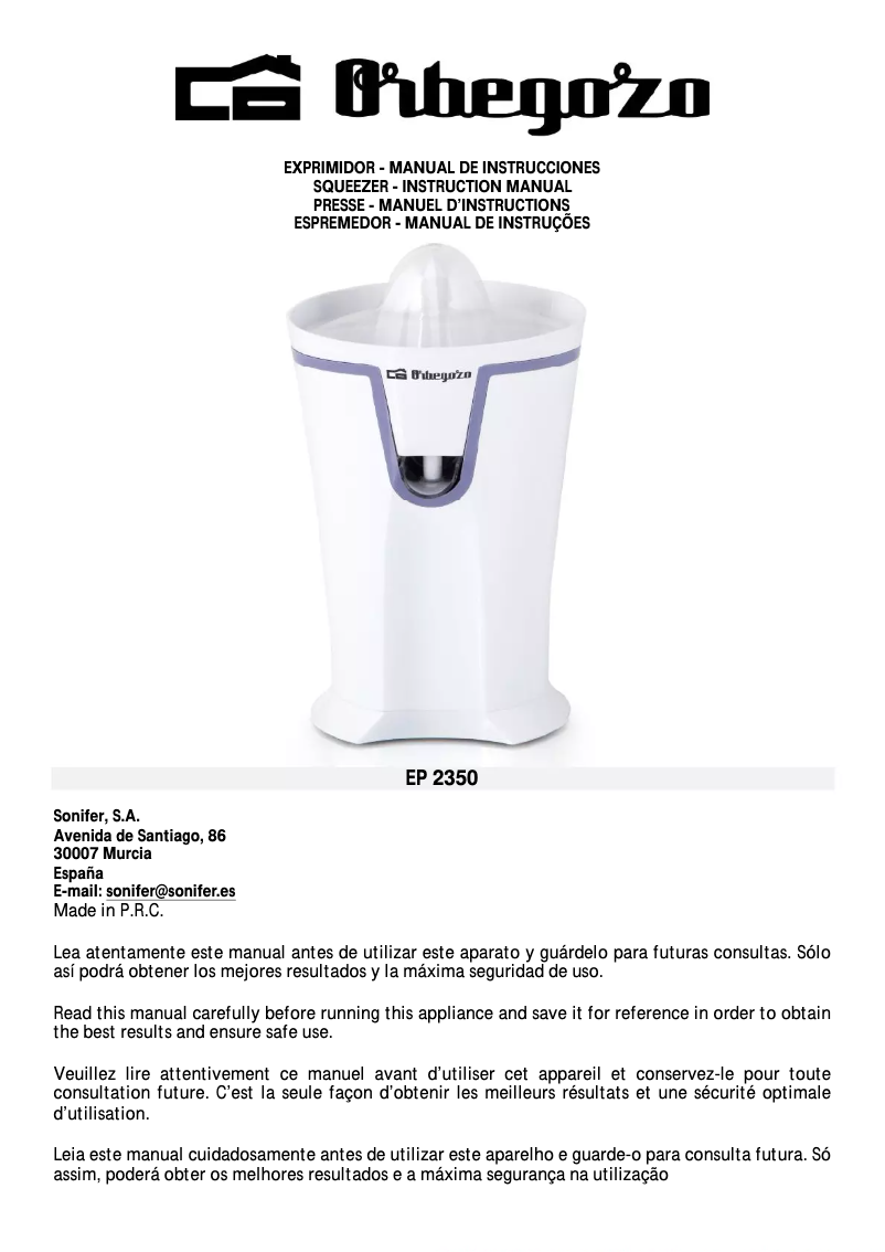 Page n°1 - Manuel utilisateur Orbegozo EP 2350