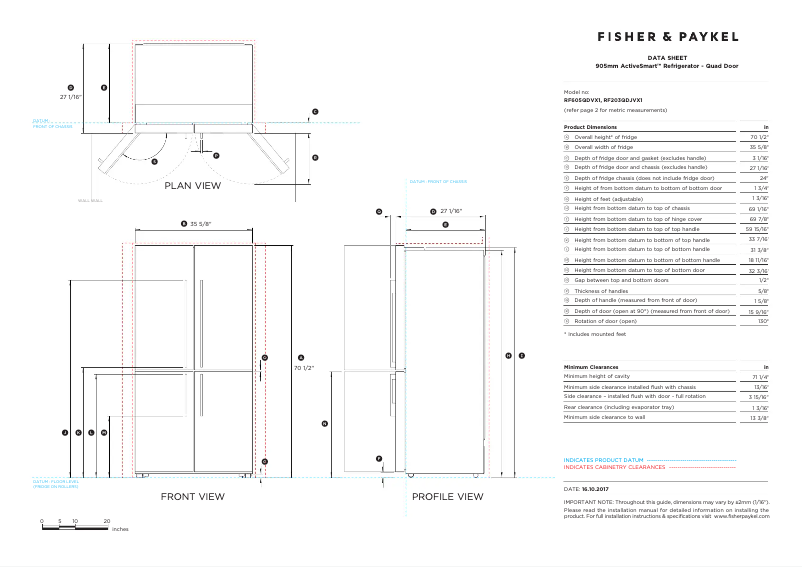 Page 1 de la notice Fiche technique Fisher & Paykel RF605QDUVX1