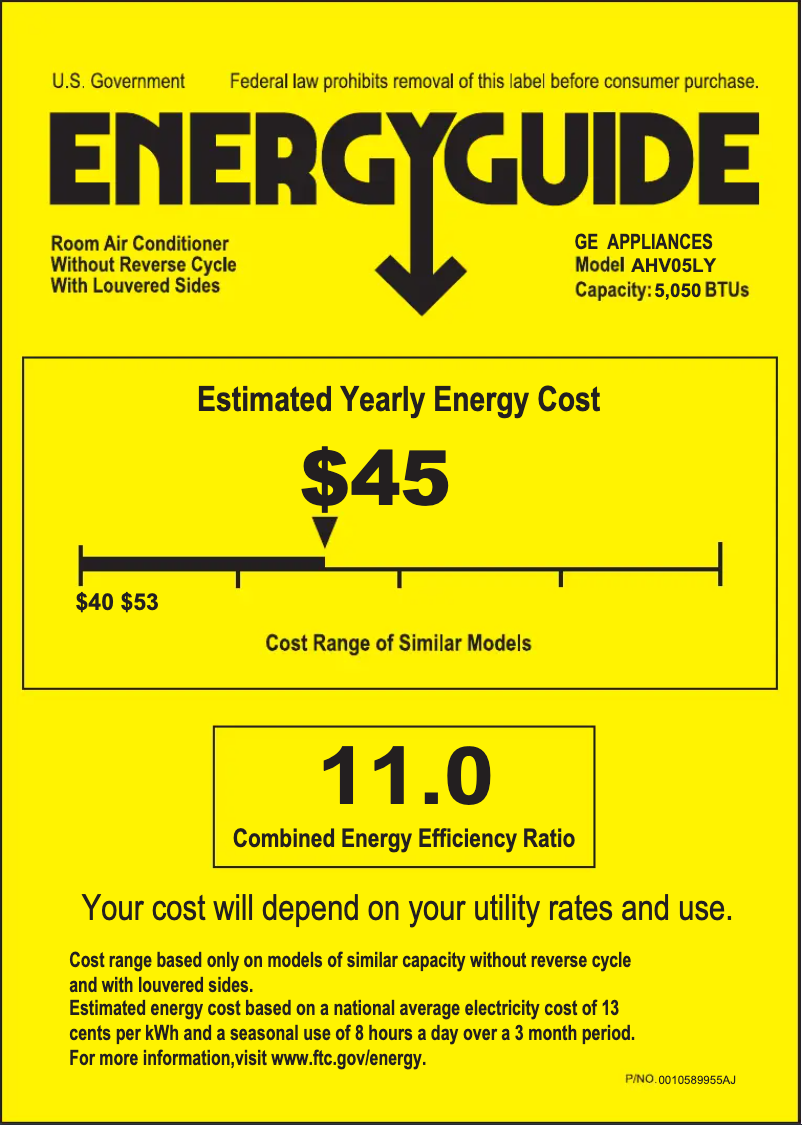 Página 1 del manual Etiqueta energética GE AHV05LY