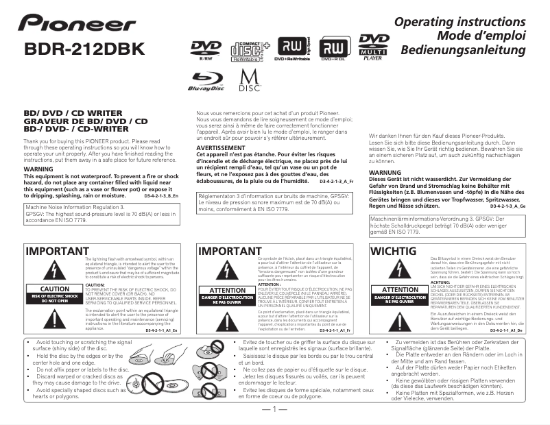 Page 1 de la notice Manuel utilisateur Pioneer BDR-212DBK