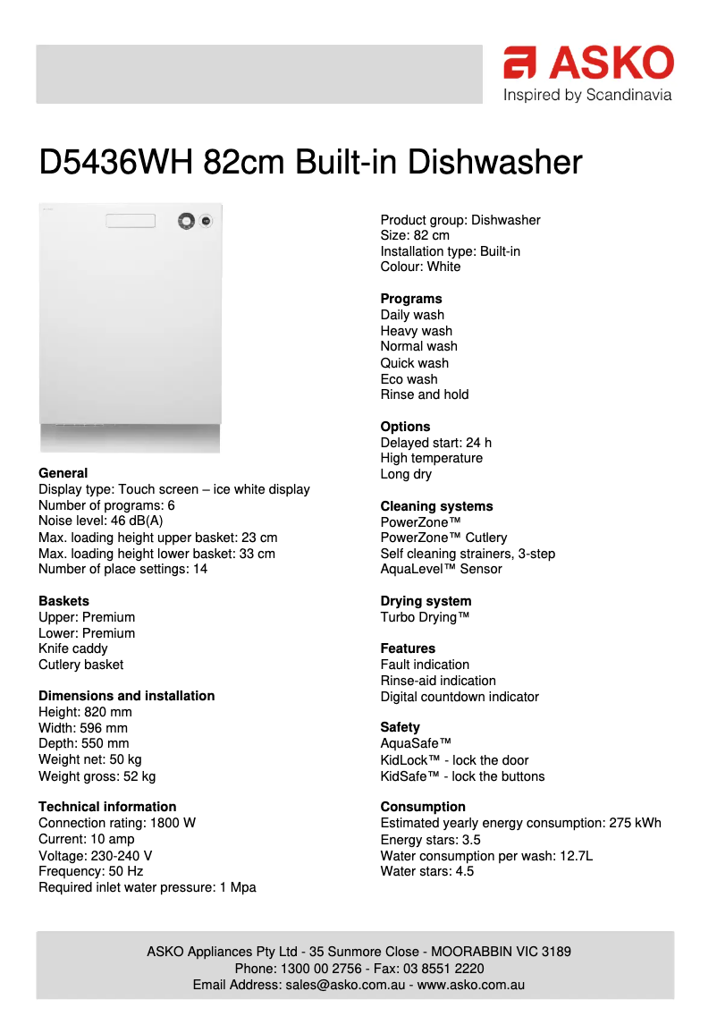 Page 1 de la notice Fiche technique Asko D5436 XL