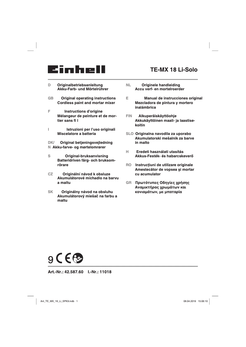 Page 1 de la notice Manuel utilisateur Einhell TE-MX 18 Li - Solo