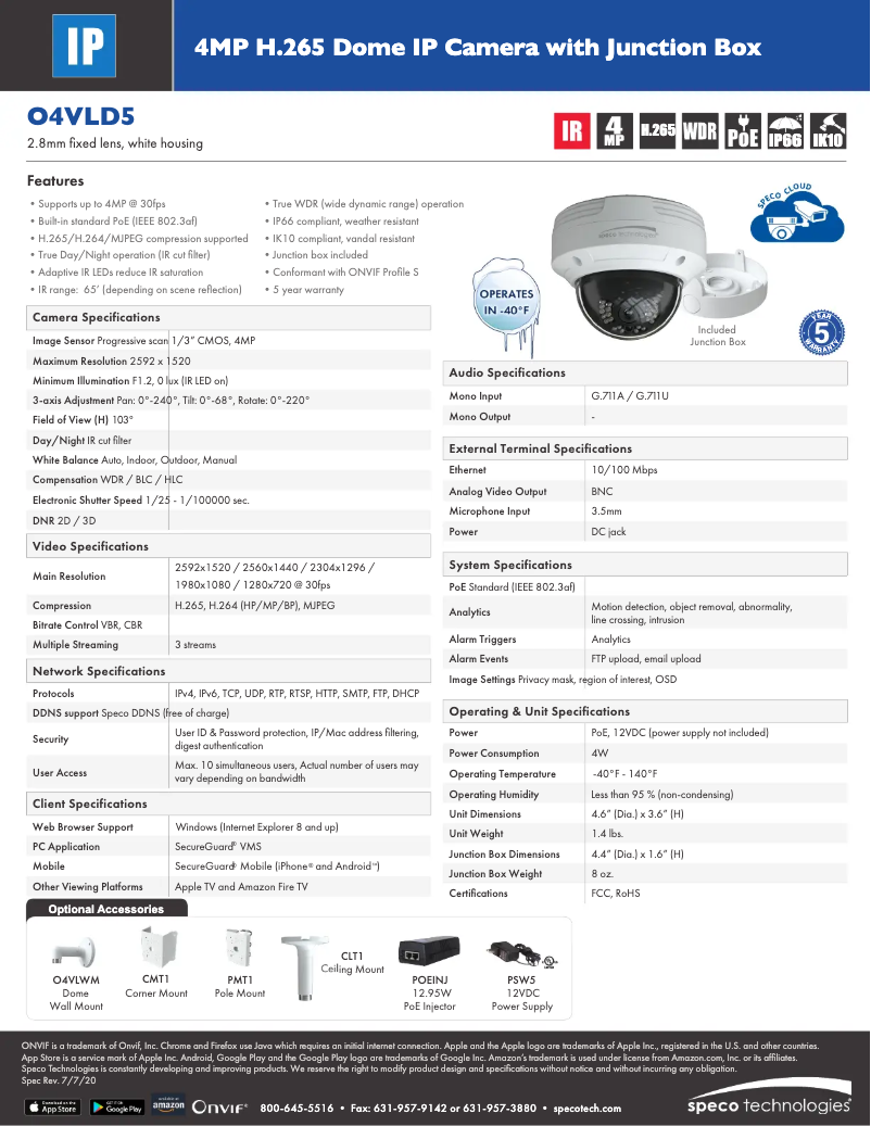 Page 1 de la notice Fiche technique Speco Technologies O4VLD5