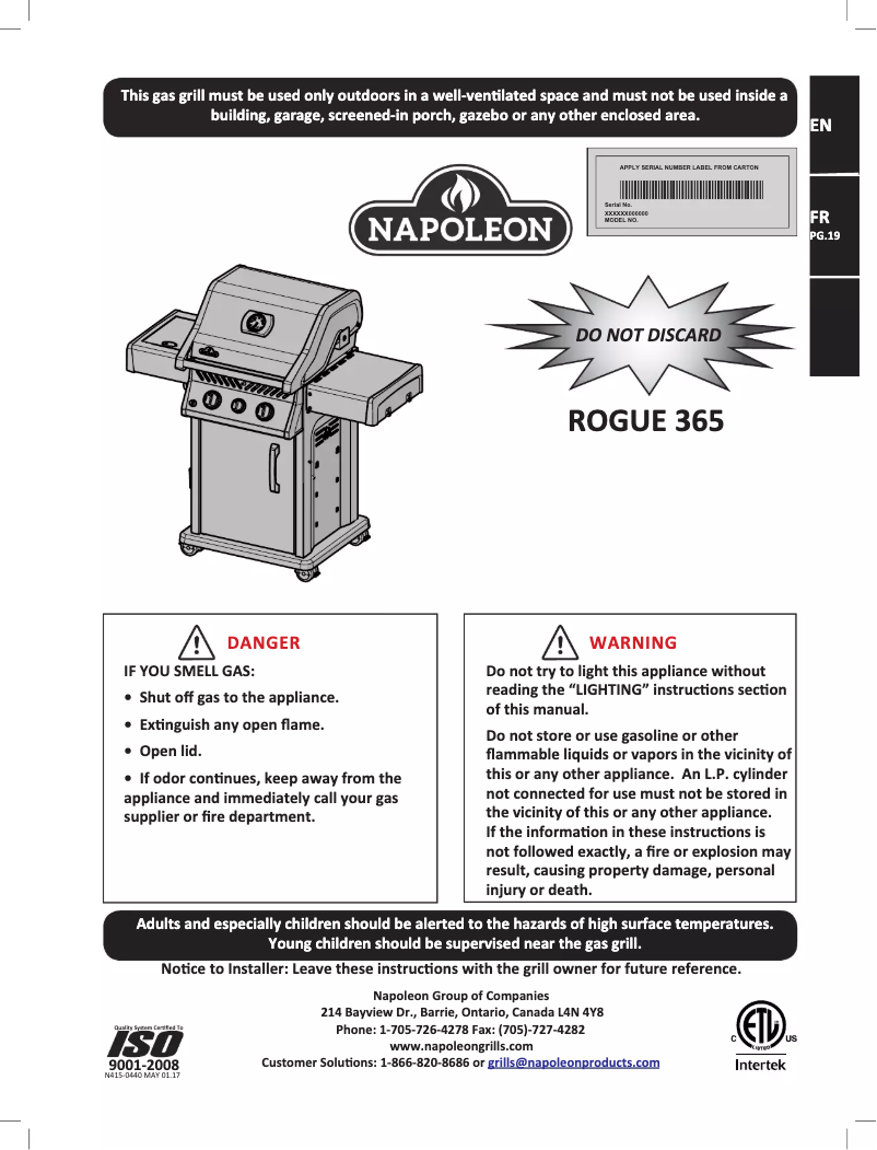 Page 1 de la notice Manuel utilisateur Napoleon Rogue 365