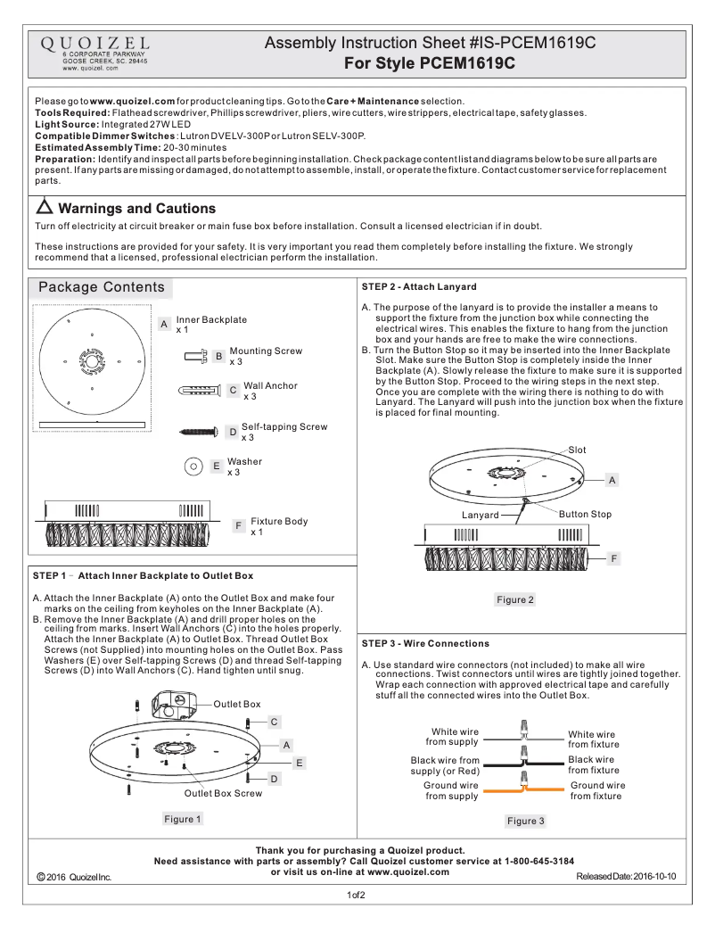 Page n°1 - Manuel utilisateur Quoizel PCEM1619C