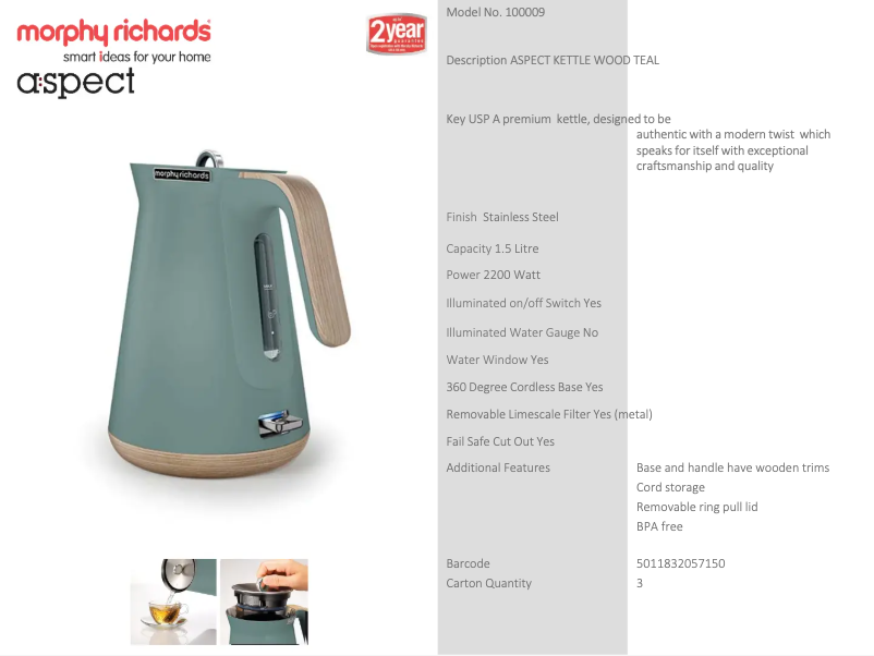 Page 1 de la notice Fiche technique Morphy Richards Aspect 100009