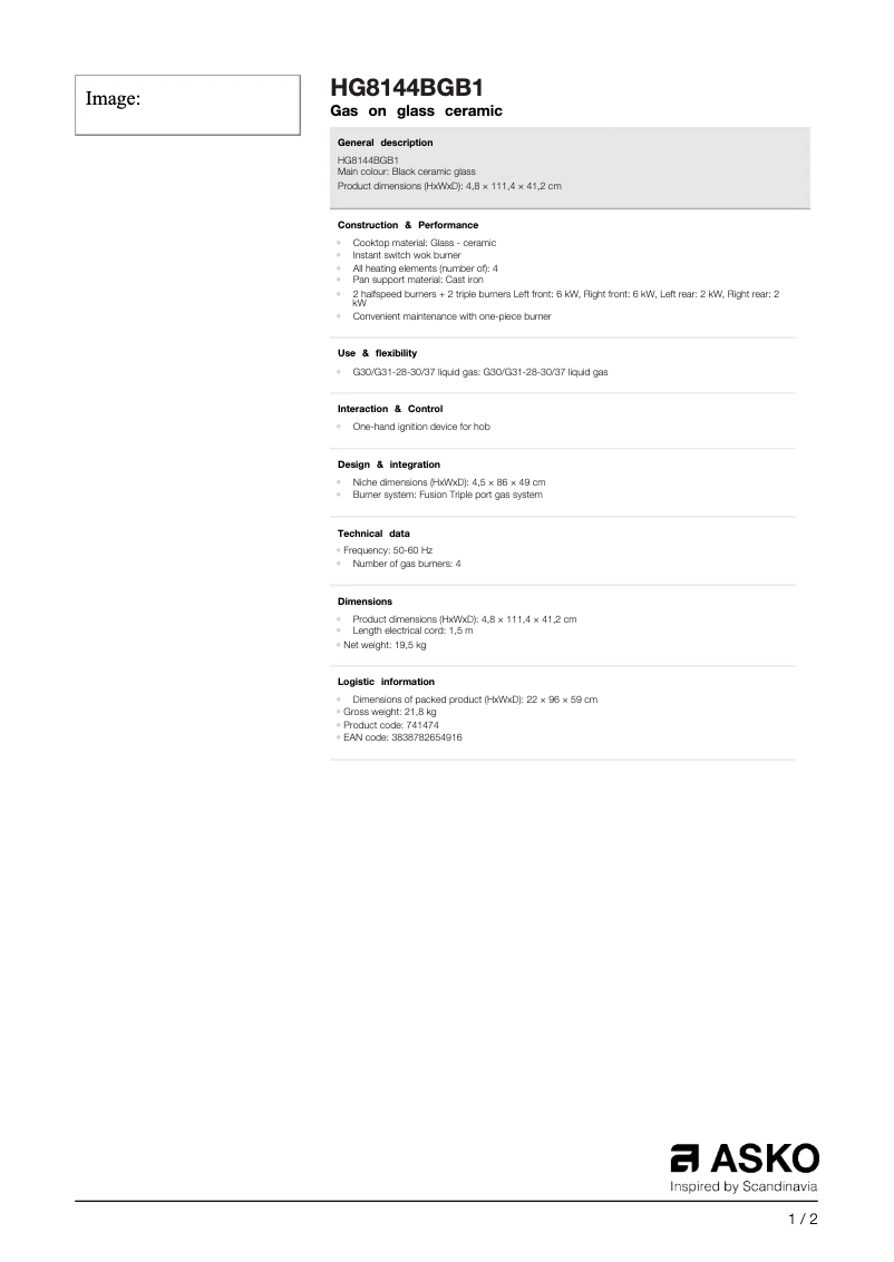 Page 1 de la notice Fiche technique Asko HG8144BGB1