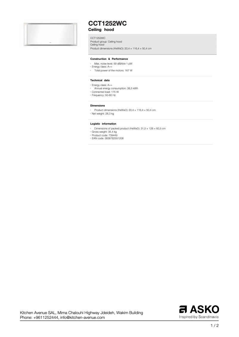Page 1 de la notice Fiche technique Asko CCT1252WC