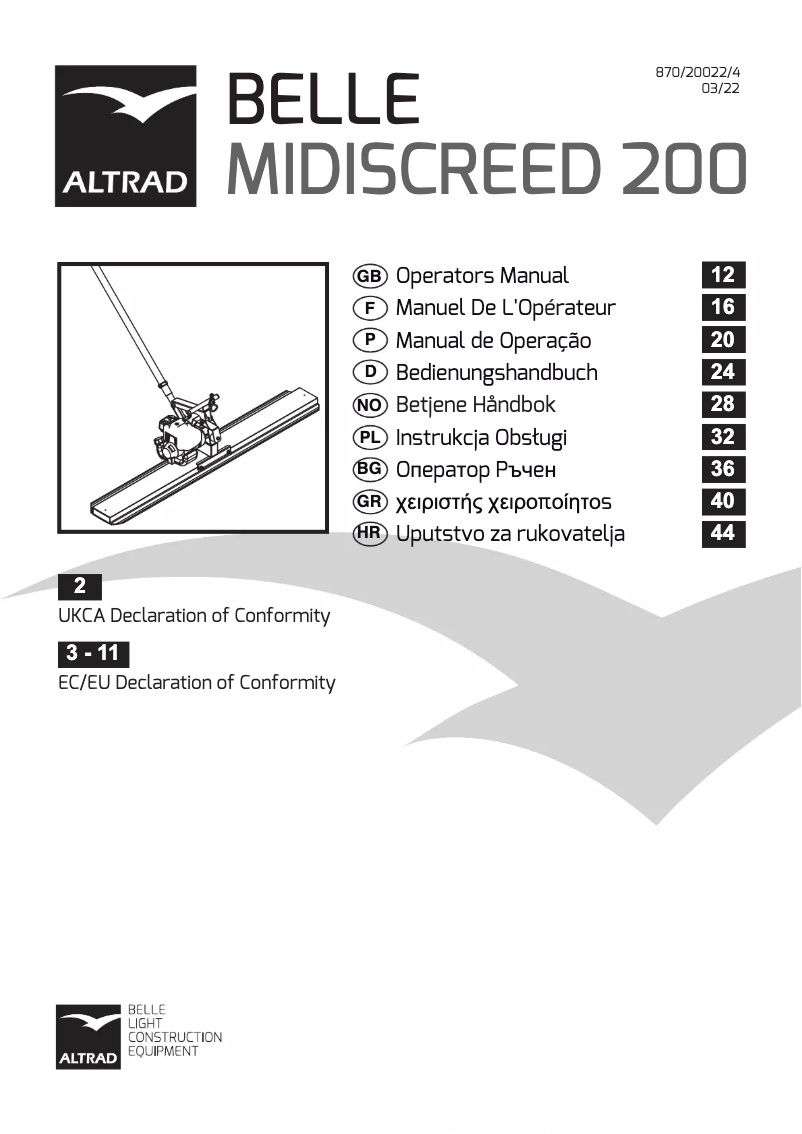Page 1 de la notice Manuel utilisateur Altrad BELLE Midi Screed 200