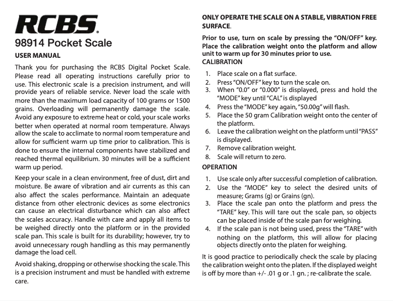 Page n°1 - Manuel utilisateur RCBS 98914