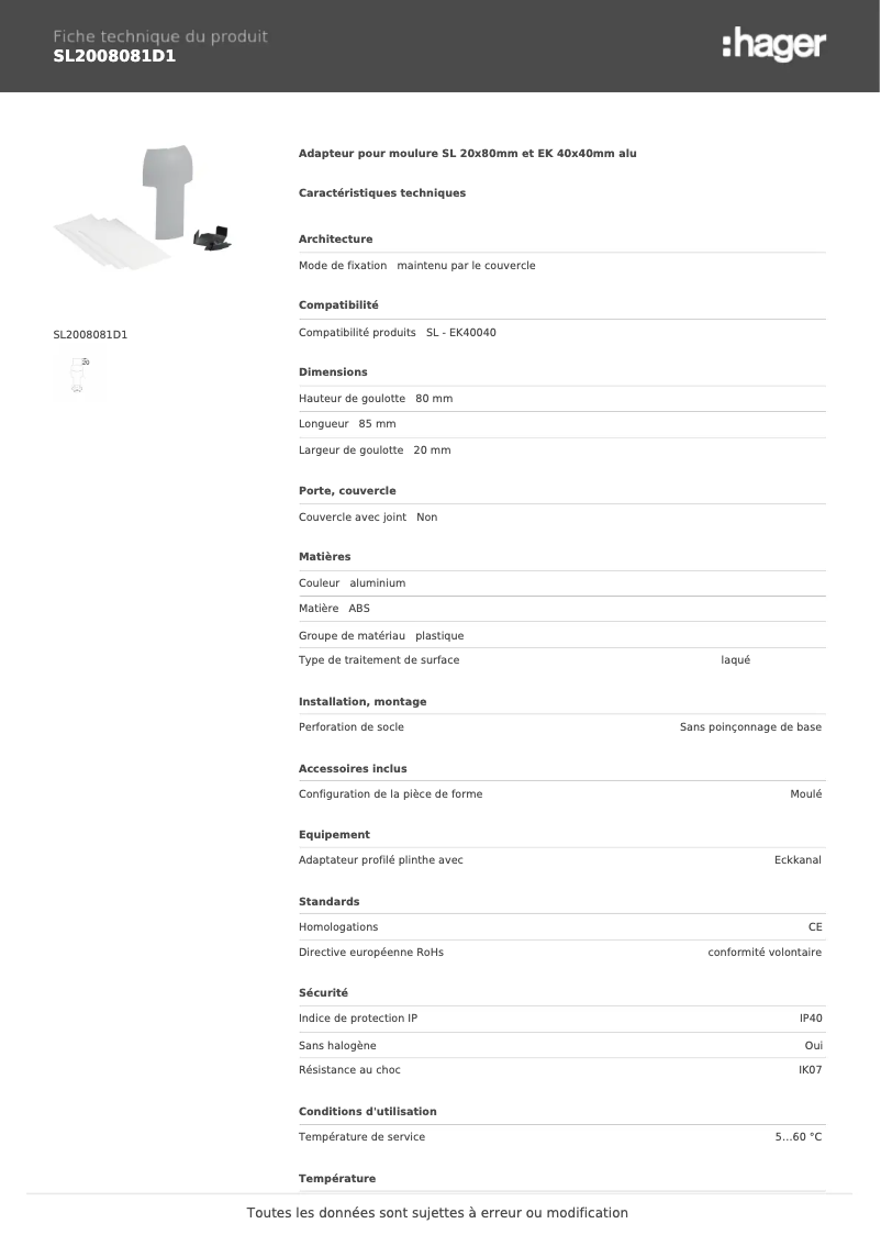 Page n°1 - Fiche technique Hager SL2008081D1