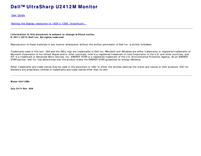 Page 1 de la notice Manuel utilisateur Dell Professional U2412M