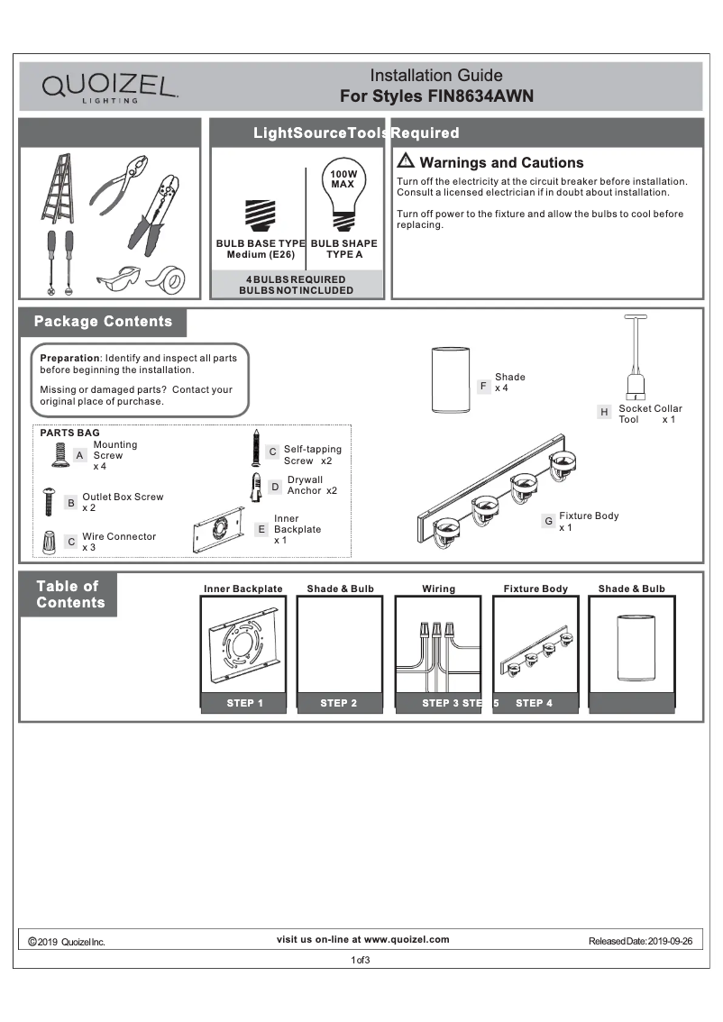 Page 1 de la notice Manuel utilisateur Quoizel Finch FIN8634AWN