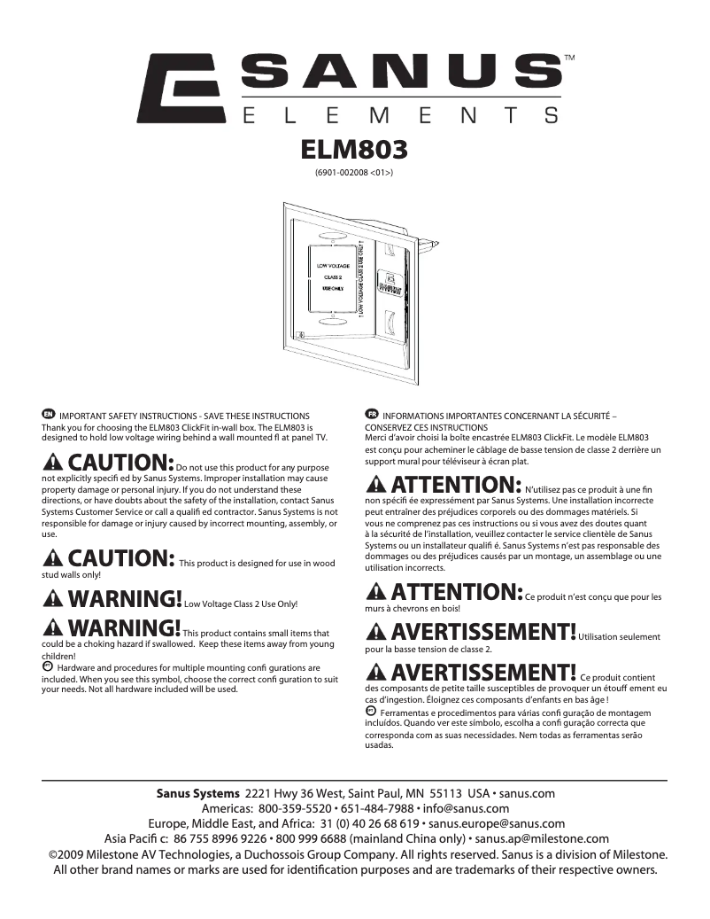 Page 1 de la notice Manuel utilisateur Sanus ELM803