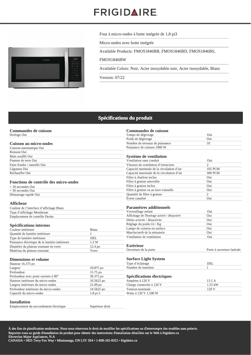 Page n°1 - Fiche technique Frigidaire FMOS1846BD