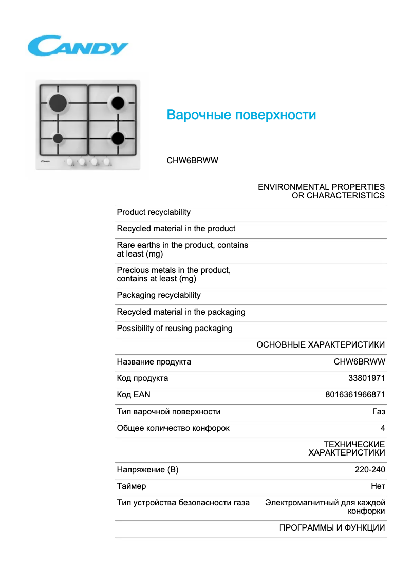 Page 1 de la notice Fiche technique Candy CHW6BRWW