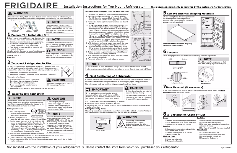 Page n°1 - Guide d'installation Frigidaire FFTR1835VS