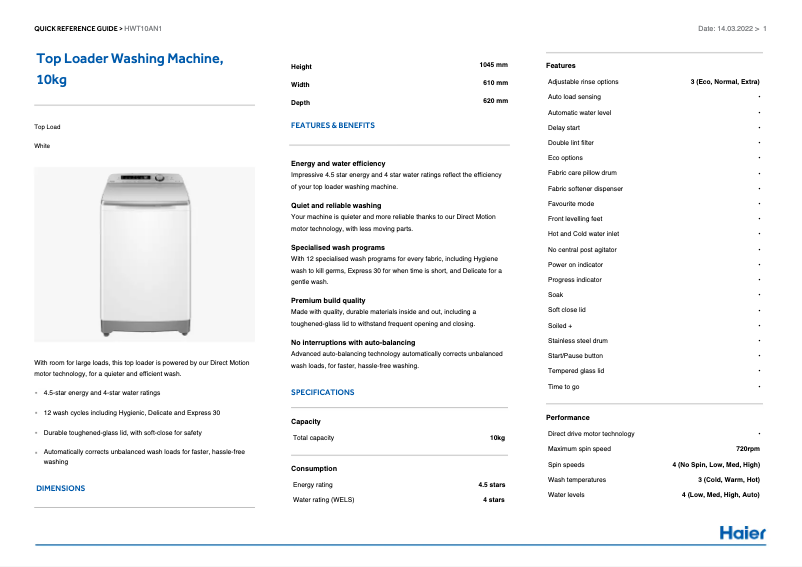 Page 1 de la notice Guide d'installation Haier HWT10AN1