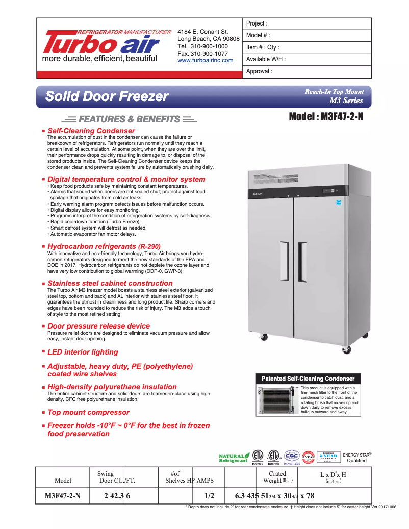 Página 1 del manual Ficha técnica Turbo air M3F47-2