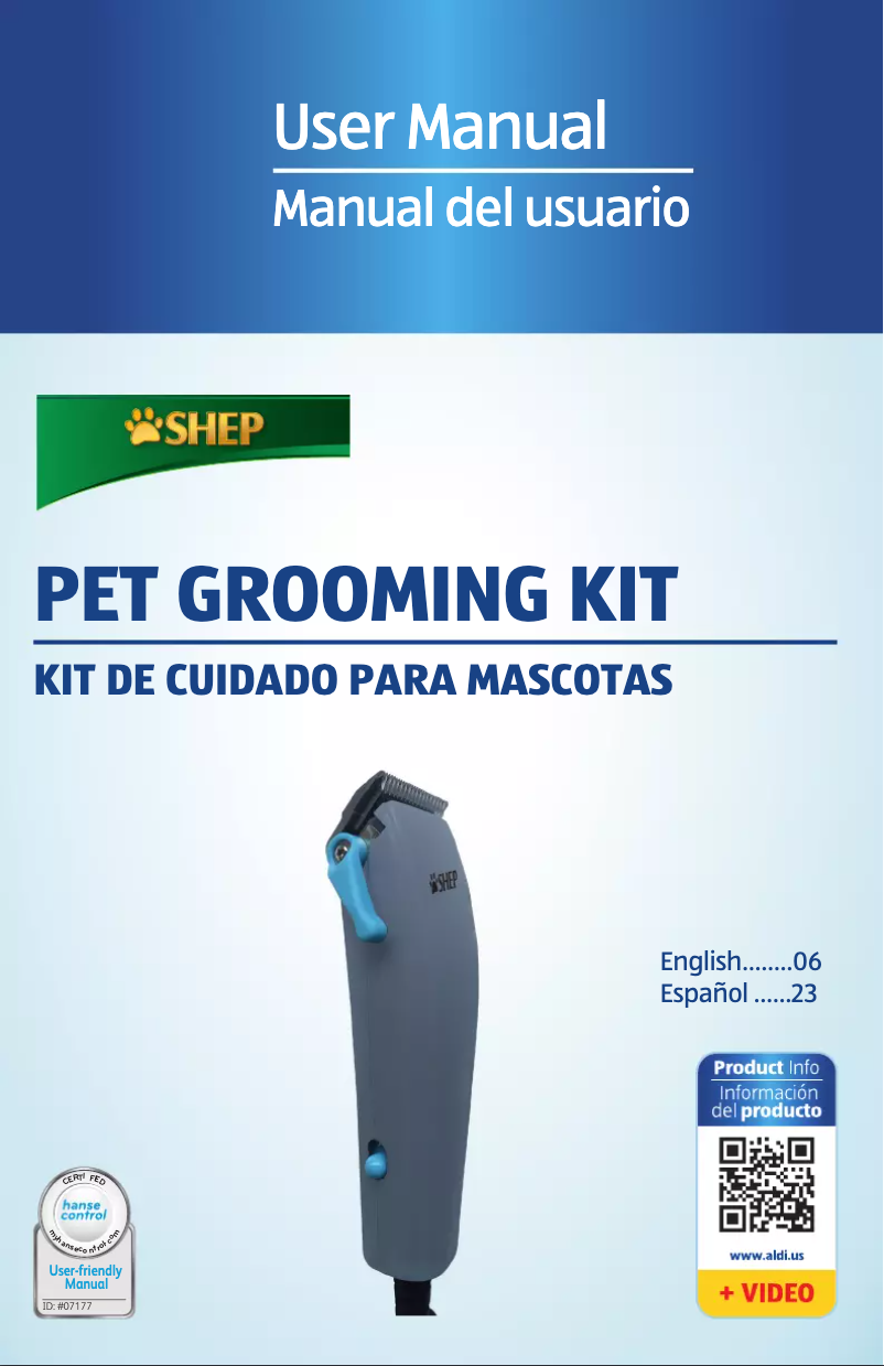 Page 1 de la notice Manuel utilisateur Shep Pet Grooming Kit HC11