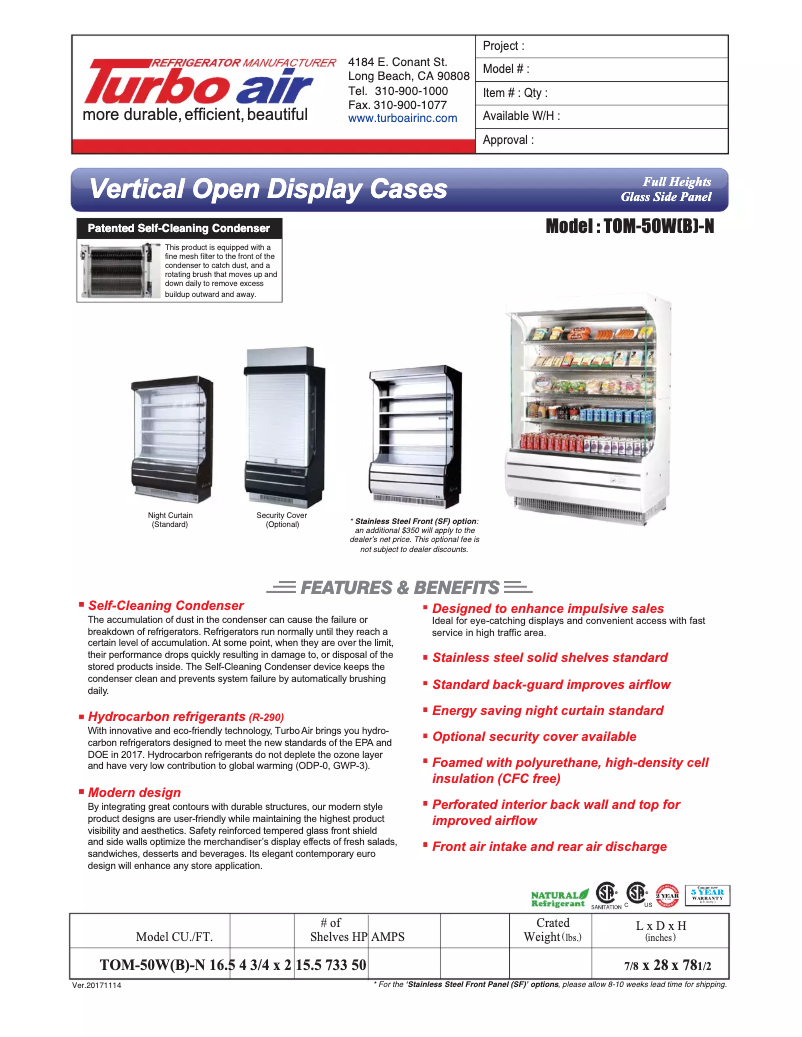 Page 1 de la notice Fiche technique Turbo air TOM-50