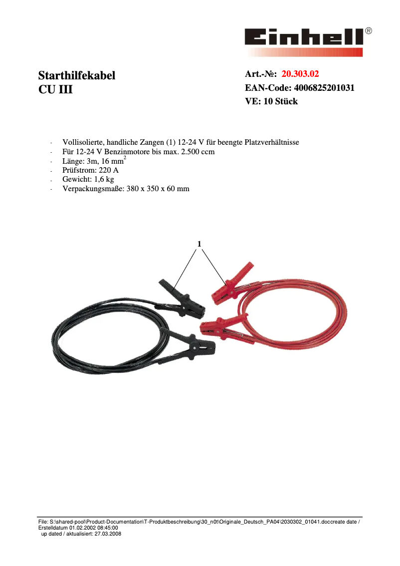 Page 1 de la notice Fiche technique Einhell CU III