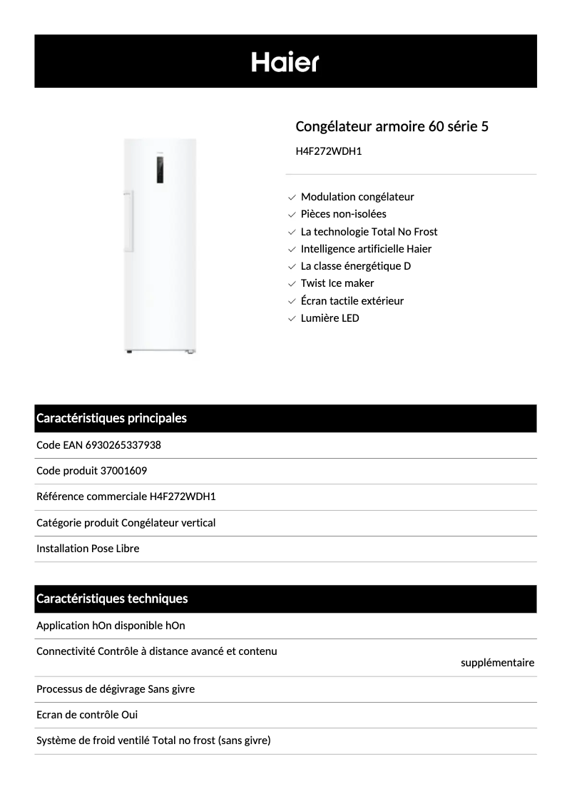 Page n°1 - Fiche technique Haier H4F272WDH1