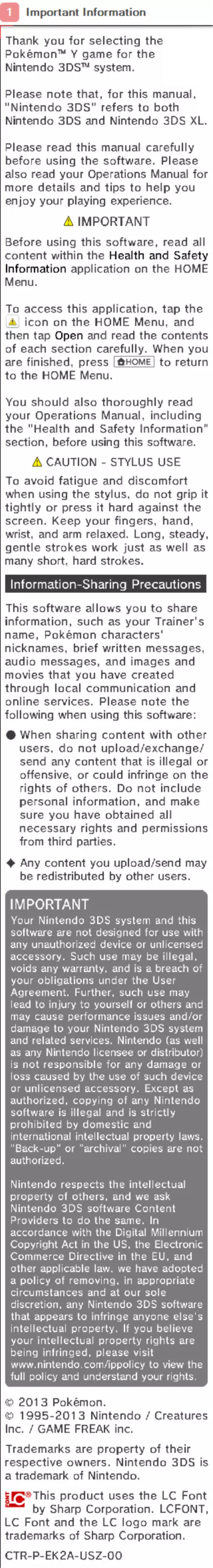 Page 1 de la notice Manuel utilisateur Nintendo Pokemon Y (3DS)