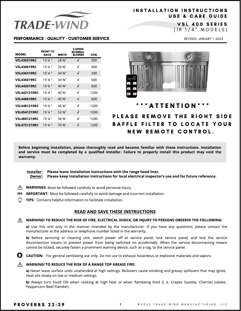 Page 1 de la notice Manuel utilisateur Trade-Wind VSL4541219RC