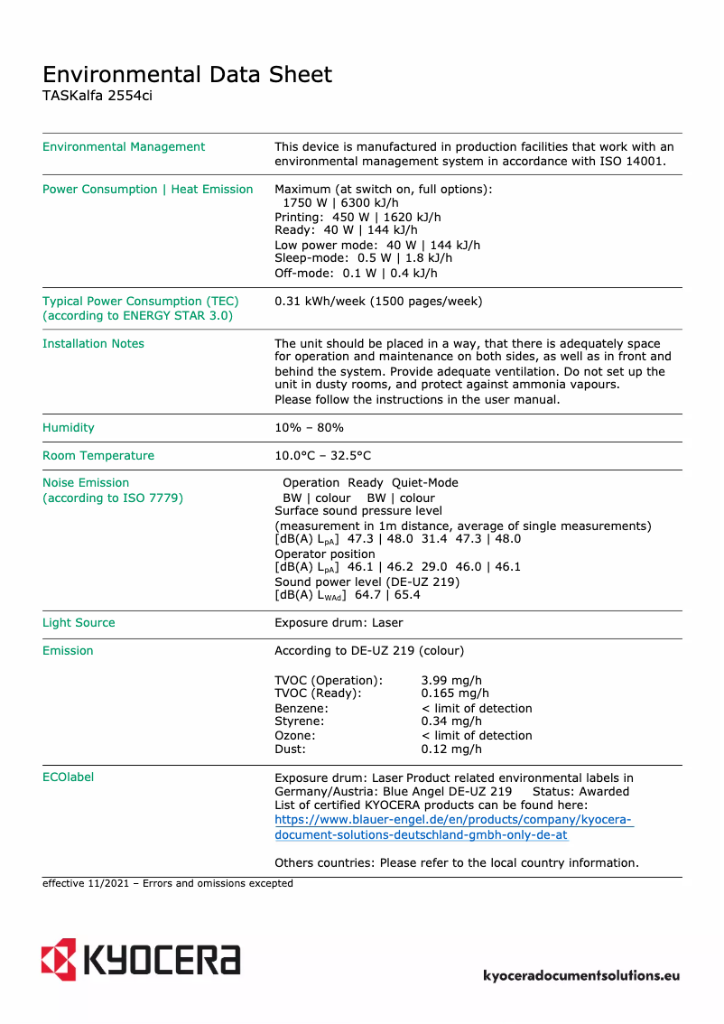Page 1 de la notice Fiche technique Kyocera TASKalfa 2554ci