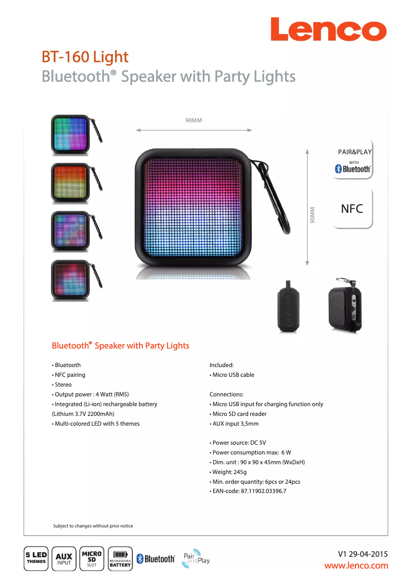 Page 1 de la notice Fiche technique Lenco BT-160 Light