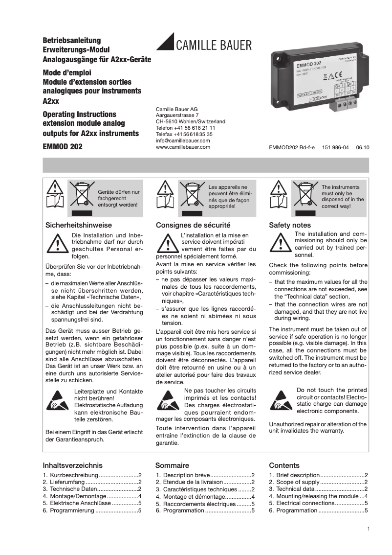 Page 1 de la notice Manuel utilisateur Gossen Metrawatt EMMOD202