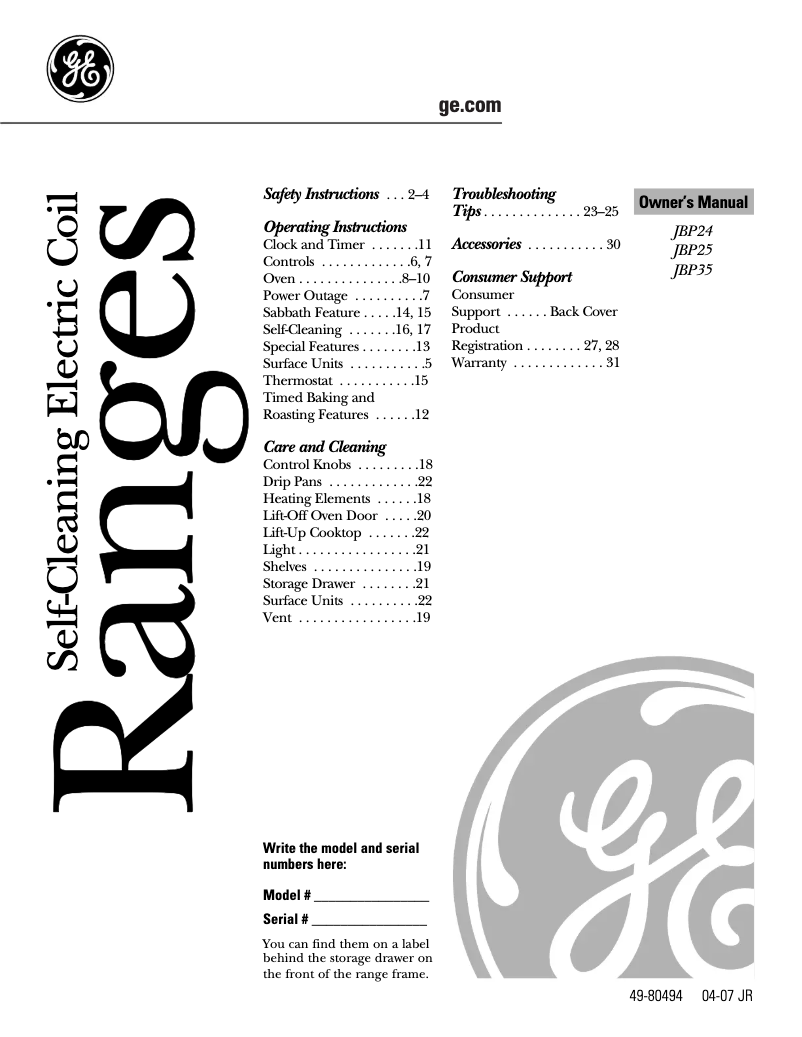 Page n°1 - Manuel d'utilisation et d'entretien GE JBP25DKCT