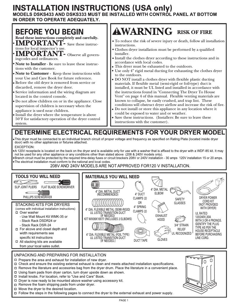 Página 1 del manual Guía de instalación GE DSKS433EAWW