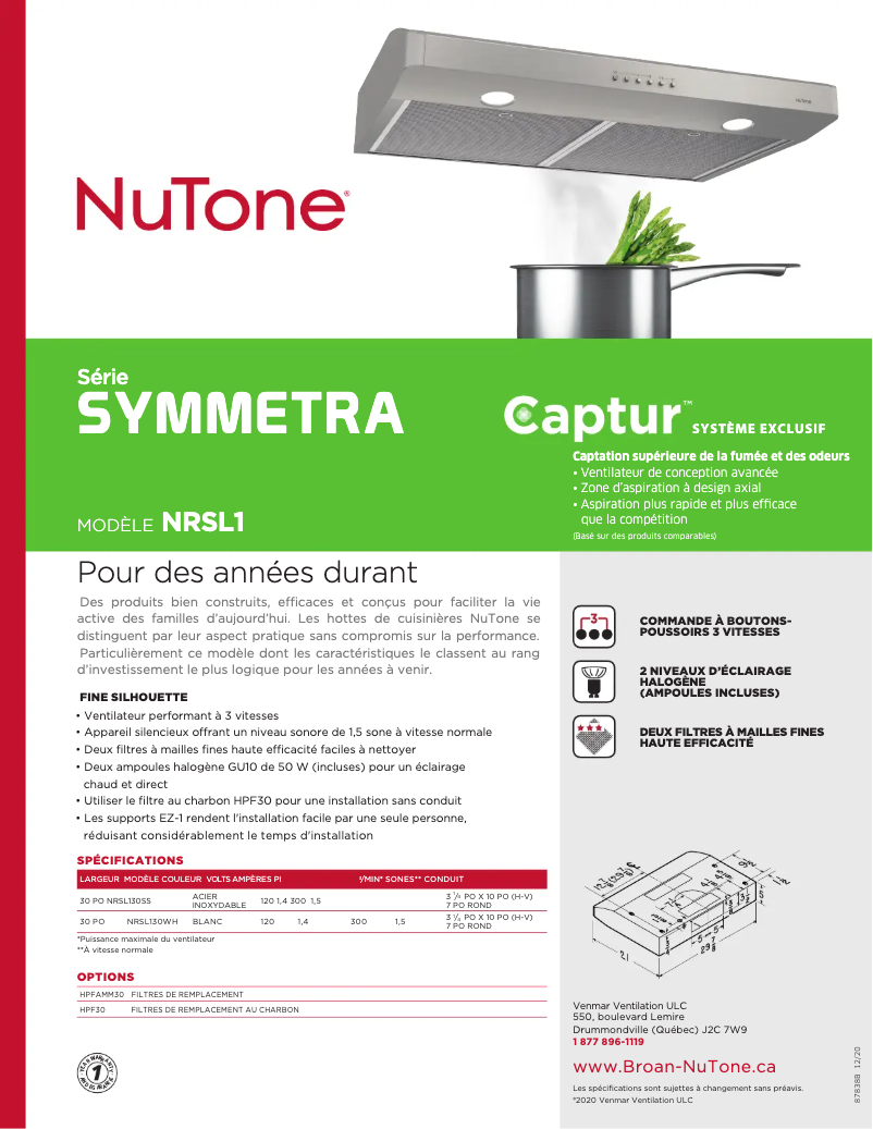 Page 1 de la notice Brochure NuTone NRSL130WH