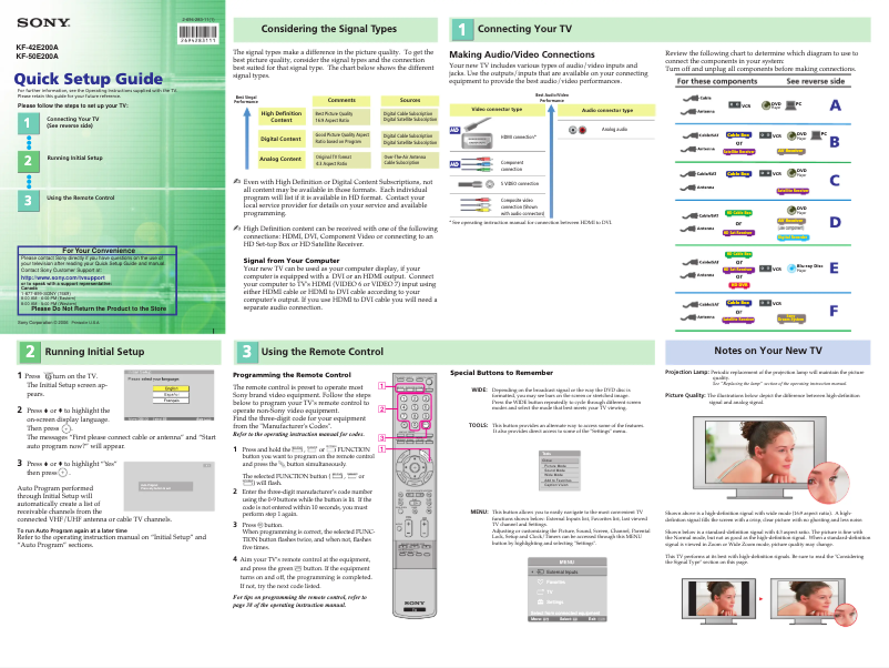 Page 1 de la notice Guide d'installation Sony KF-50E200A