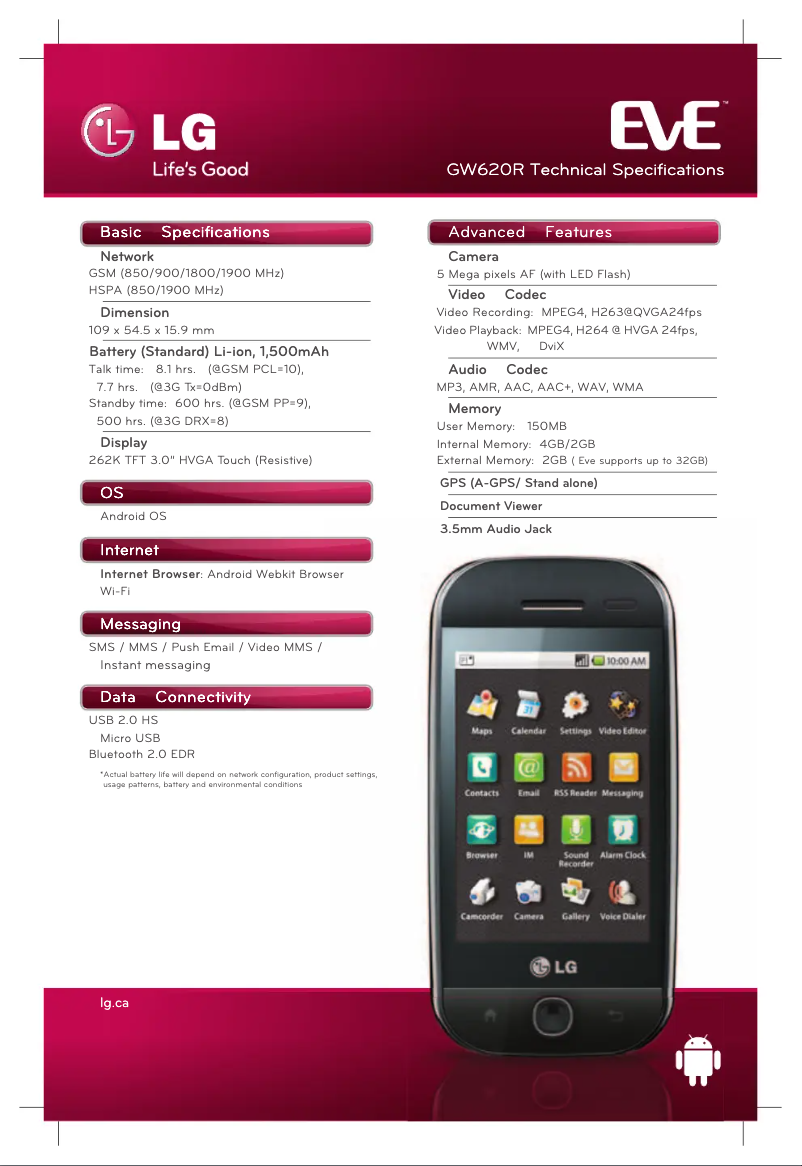 Page n°1 - Fiche technique LG GW620R