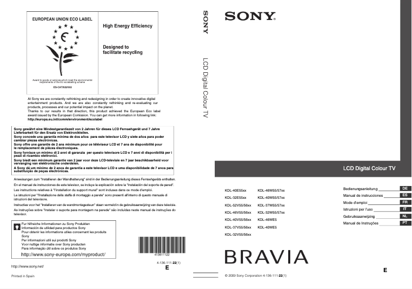 Page 1 de la notice Manuel utilisateur Sony Bravia KDL-40W5720