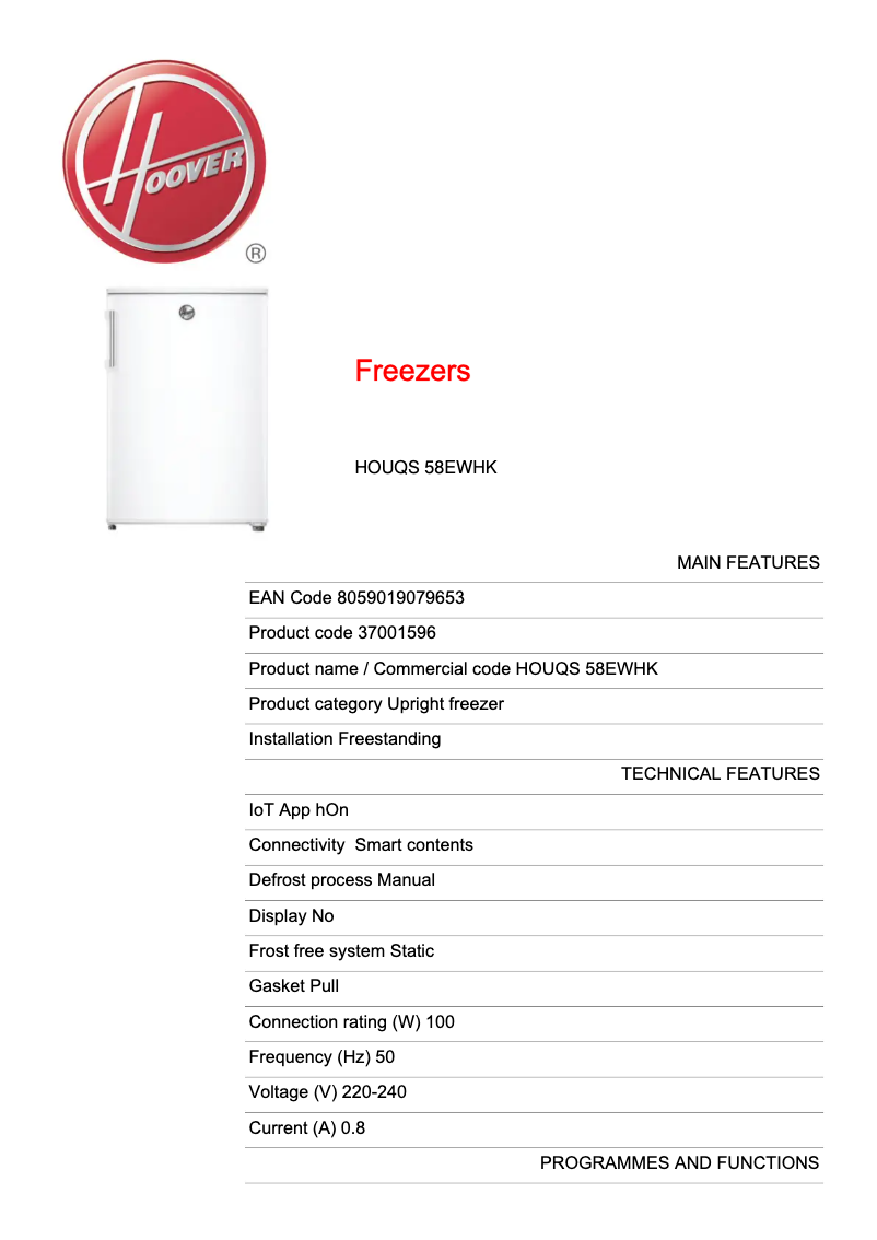 Page n°1 - Fiche technique Hoover HOUQS 58EWHK