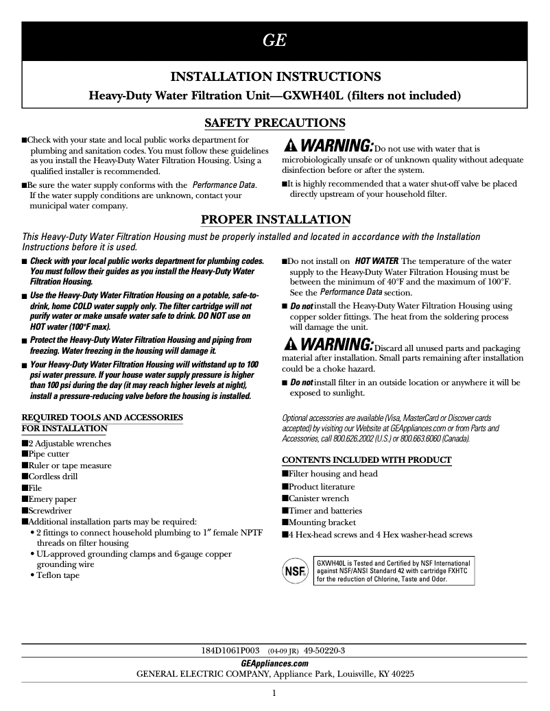 Page n°1 - Manuel d'utilisation et d'entretien GE GXWH47J