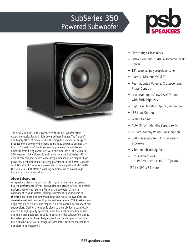 Página 1 del manual Ficha técnica PSB SubSeries 350