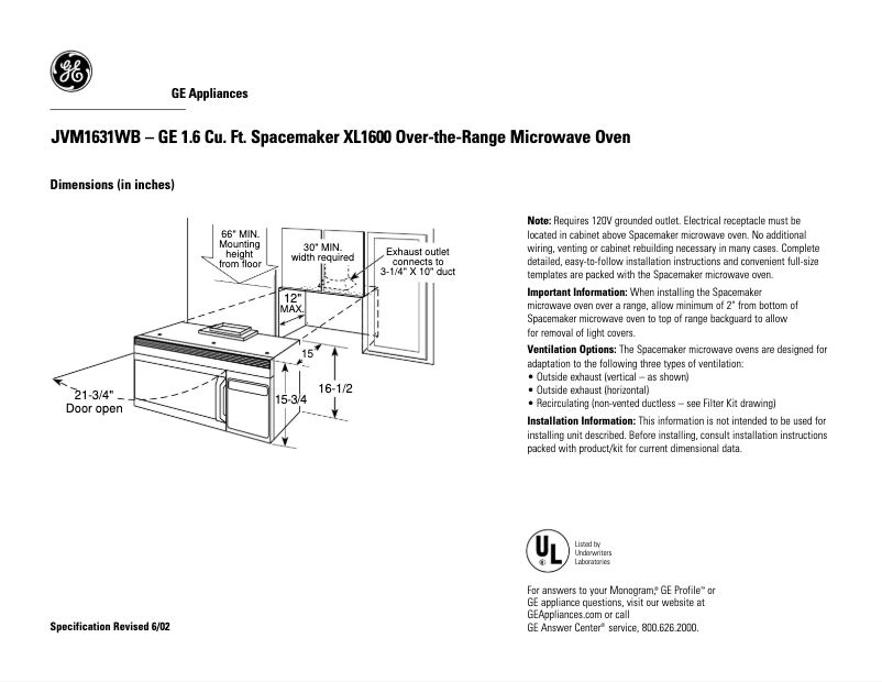 Página 1 del manual Ficha técnica GE JVM1631WB