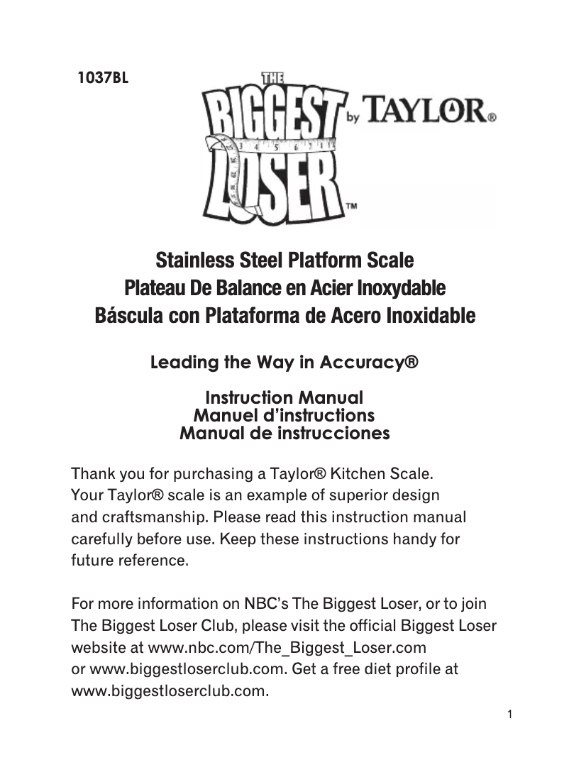 Page 1 de la notice Manuel utilisateur Taylor Biggest Loser 1037BL