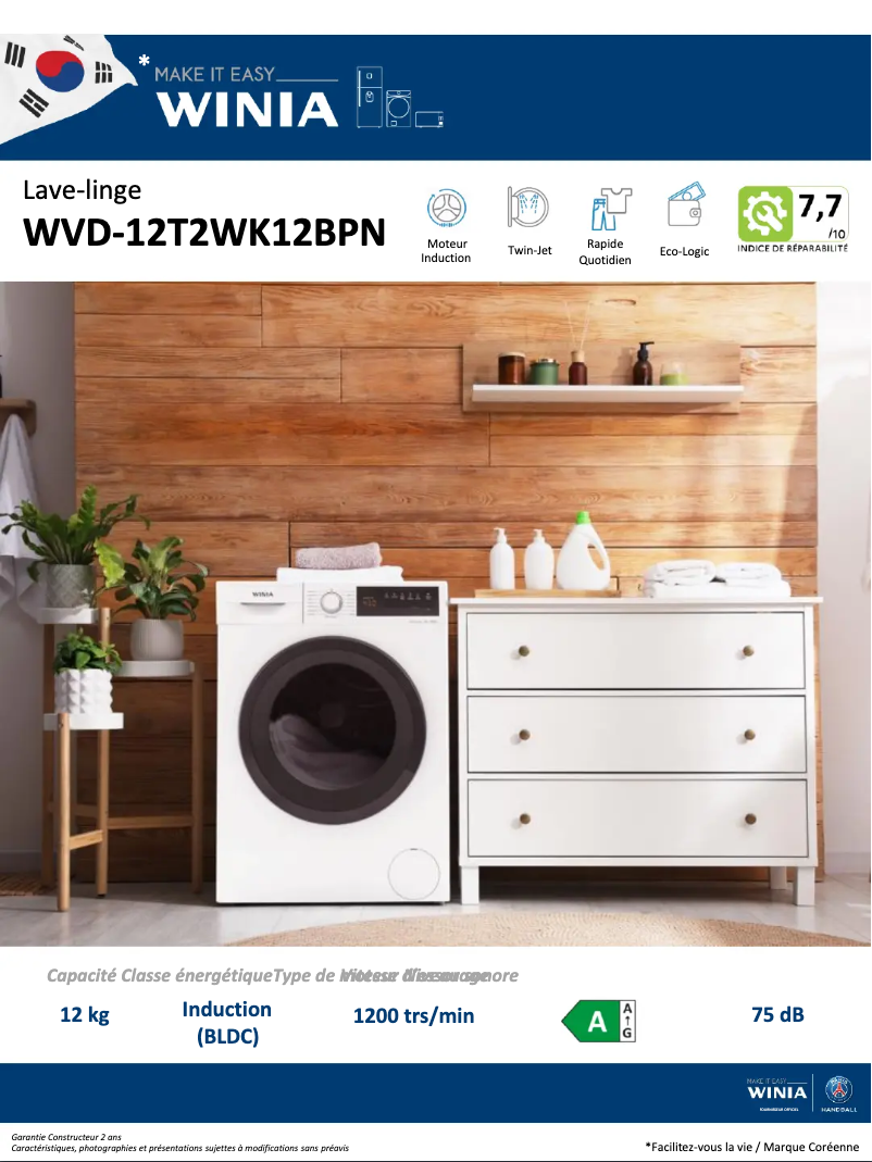 Page 1 de la notice Fiche technique Winia WVD-12T2WK12BPN