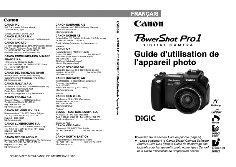 Page 1 de la notice Manuel utilisateur Canon PowerShot Pro 1